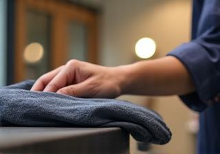 Main déposant des vêtements au comptoir d'un pressing
